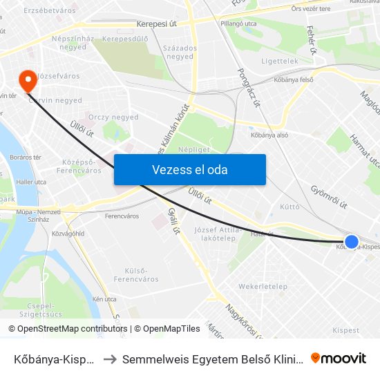 Kőbánya-Kispest M to Semmelweis Egyetem Belső Klinikai Tömb map