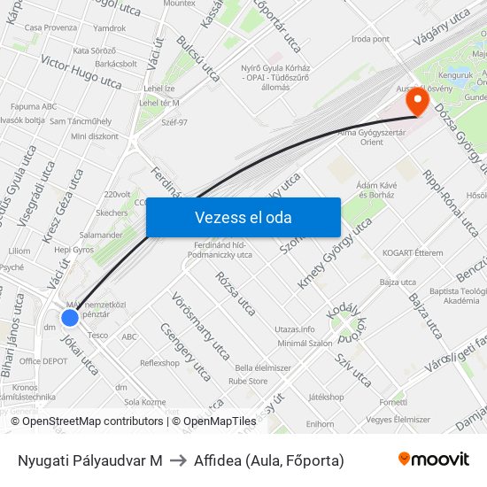 Nyugati Pályaudvar M to Affidea (Aula, Főporta) map