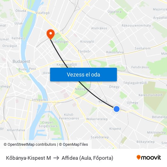 Kőbánya-Kispest M to Affidea (Aula, Főporta) map