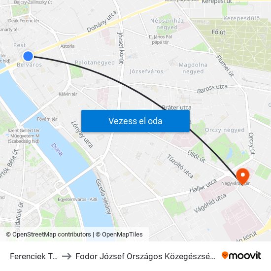 Ferenciek Tere M to Fodor József Országos Közegészségügyi Központ map