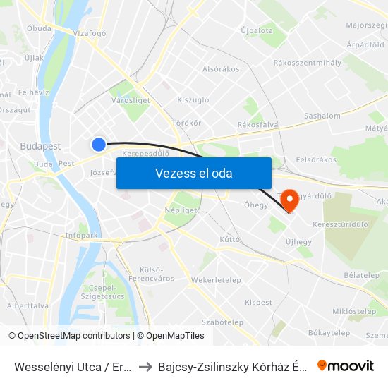 Wesselényi Utca / Erzsébet Körút to Bajcsy-Zsilinszky Kórház És Rendelőintézet map