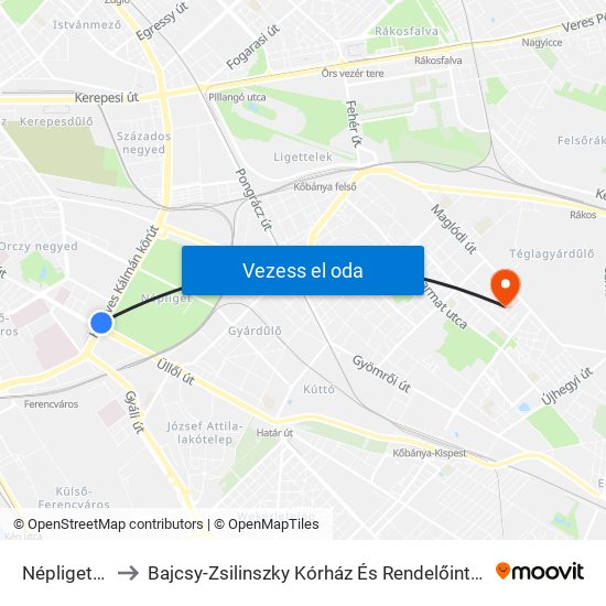 Népliget M to Bajcsy-Zsilinszky Kórház És Rendelőintézet map