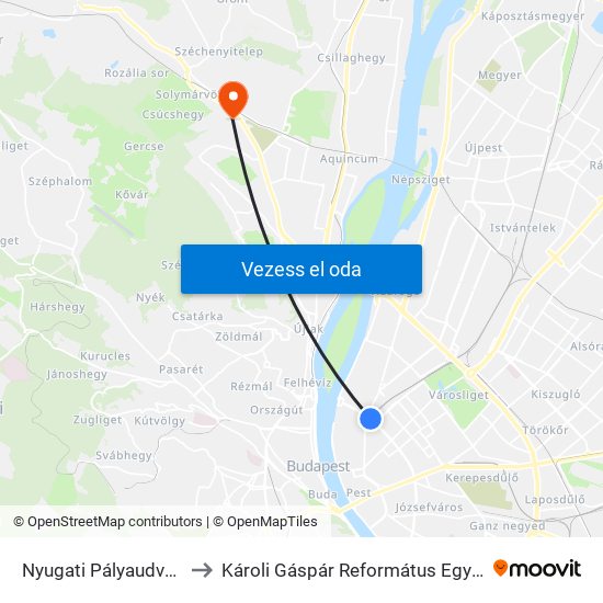 Nyugati Pályaudvar M to Károli Gáspár Református Egyetem map