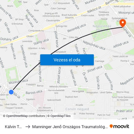 Kálvin Tér M to Manninger Jenő Országos Traumatológiai Intézet map