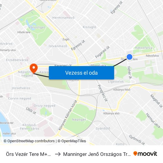Örs Vezér Tere M+H (Kerepesi Út) to Manninger Jenő Országos Traumatológiai Intézet map