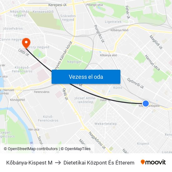 Kőbánya-Kispest M to Dietetikai Központ És Étterem map