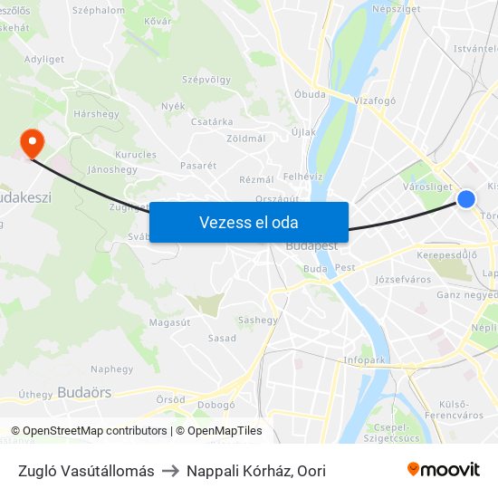 Zugló Vasútállomás to Nappali Kórház, Oori map