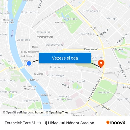 Ferenciek Tere M to Új Hidegkuti Nándor Stadion map
