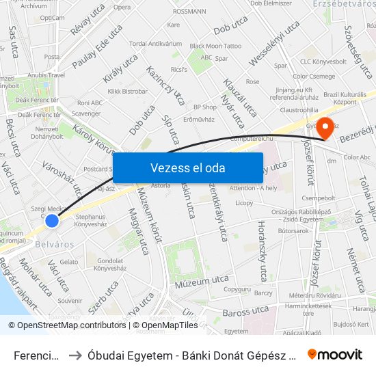 Ferenciek Tere M to Óbudai Egyetem - Bánki Donát Gépész És Biztonságtechnikai Mérnöki Kar map