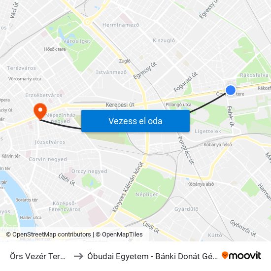 Örs Vezér Tere M+H (Kerepesi Út) to Óbudai Egyetem - Bánki Donát Gépész És Biztonságtechnikai Mérnöki Kar map