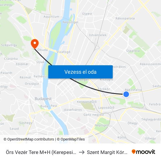 Örs Vezér Tere M+H (Kerepesi Út) to Szent Margit Kórház map