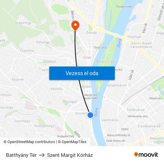 Batthyány Tér to Szent Margit Kórház map