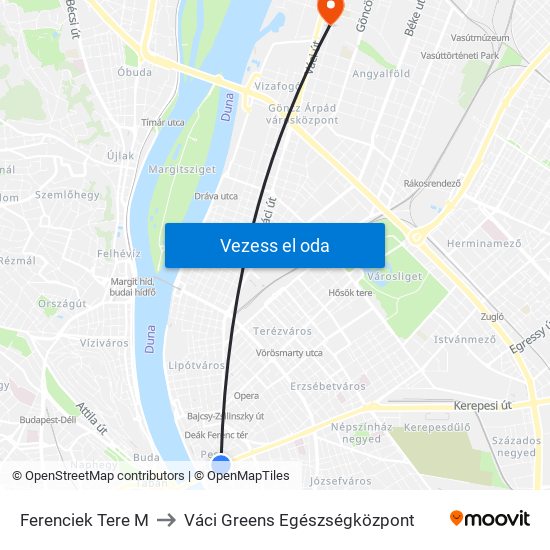 Ferenciek Tere M to Váci Greens Egészségközpont map