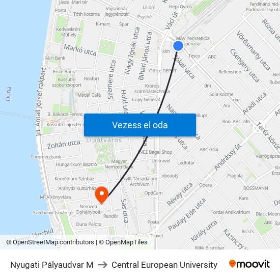 Nyugati Pályaudvar M to Central European University map