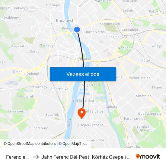 Ferenciek Tere M to Jahn Ferenc Dél-Pesti Kórház Csepeli Weiss Manfréd Telephelye map