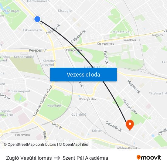 Zugló Vasútállomás to Szent Pál Akadémia map