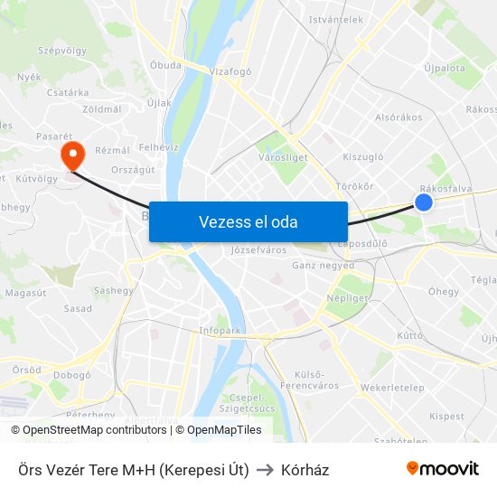 Örs Vezér Tere M+H (Kerepesi Út) to Kórház map