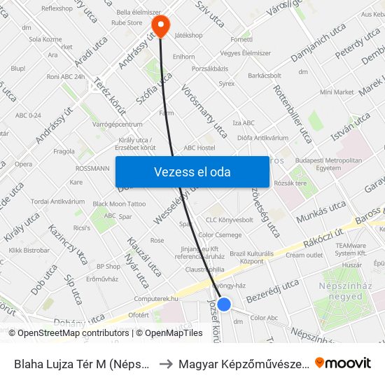 Blaha Lujza Tér M (Népszínház Utca) to Magyar Képzőművészeti Egyetem map