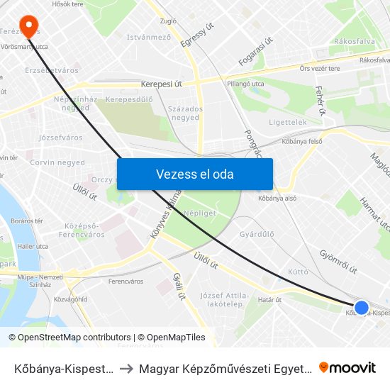 Kőbánya-Kispest M to Magyar Képzőművészeti Egyetem map