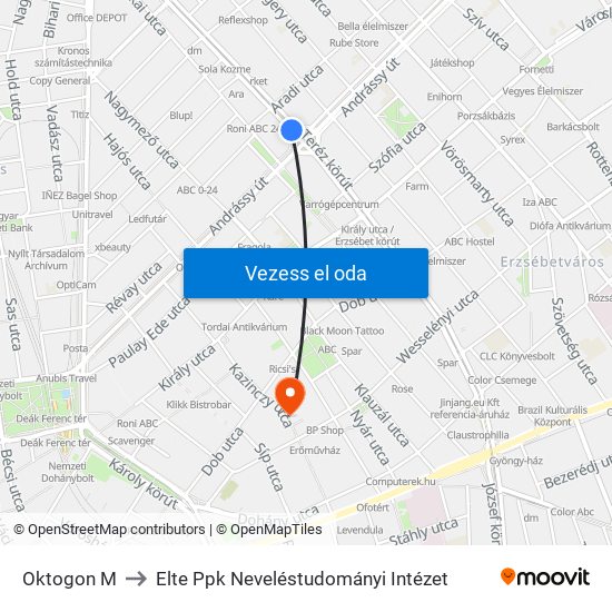 Oktogon M to Elte Ppk Neveléstudományi Intézet map