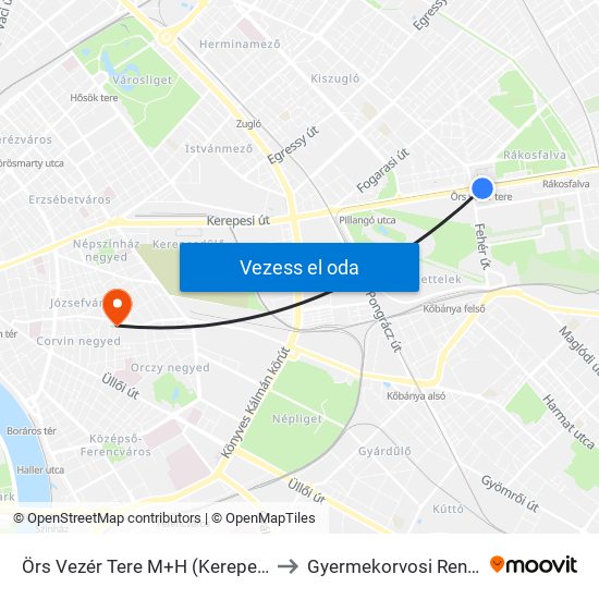 Örs Vezér Tere M+H (Kerepesi Út) to Gyermekorvosi Rendelő map