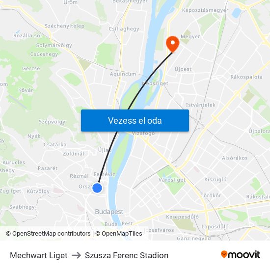 Mechwart Liget to Szusza Ferenc Stadion map