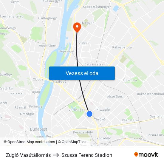 Zugló Vasútállomás to Szusza Ferenc Stadion map