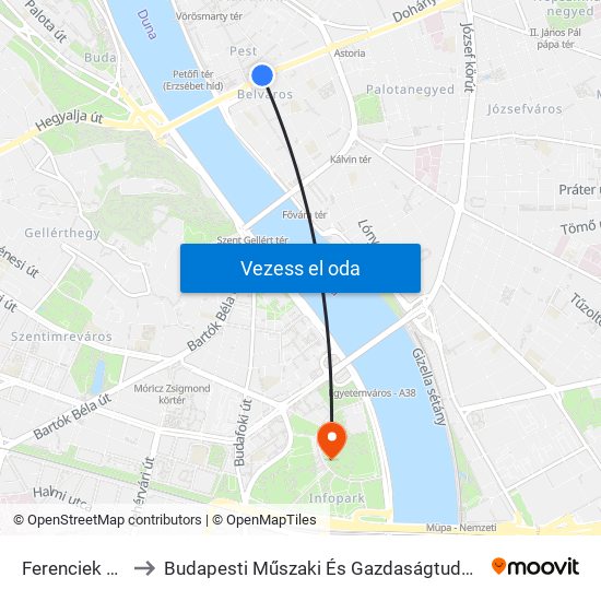 Ferenciek Tere M to Budapesti Műszaki És Gazdaságtudományi Egyetem map