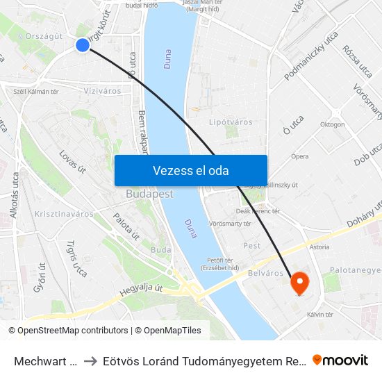 Mechwart Liget to Eötvös Loránd Tudományegyetem Rektori Hivatal map