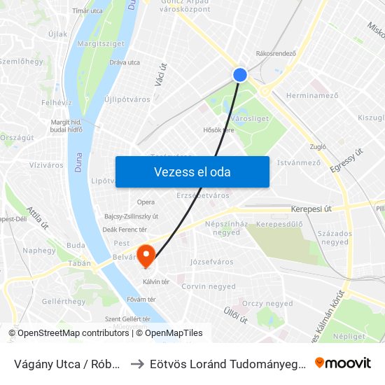 Vágány Utca / Róbert Károly Körút to Eötvös Loránd Tudományegyetem Rektori Hivatal map