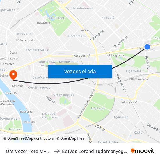 Örs Vezér Tere M+H (Kerepesi Út) to Eötvös Loránd Tudományegyetem Rektori Hivatal map