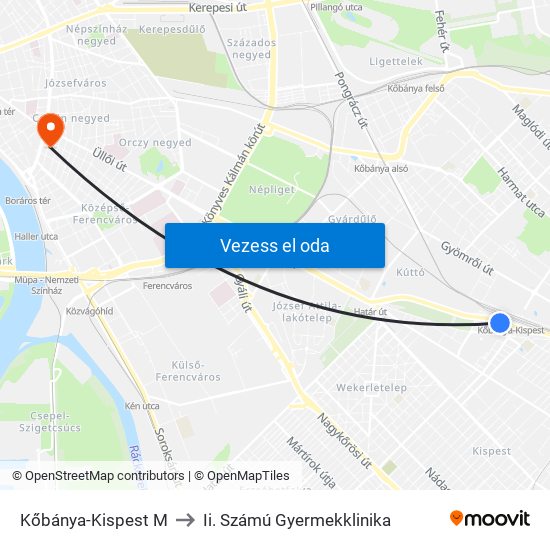 Kőbánya-Kispest M to Ii. Számú Gyermekklinika map