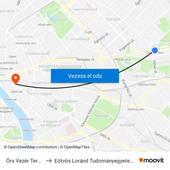 Örs Vezér Tere M+H (Kerepesi Út) to Eötvös Loránd Tudományegyetem Állam- És Jogtudományi Kar ""B"" Épület map