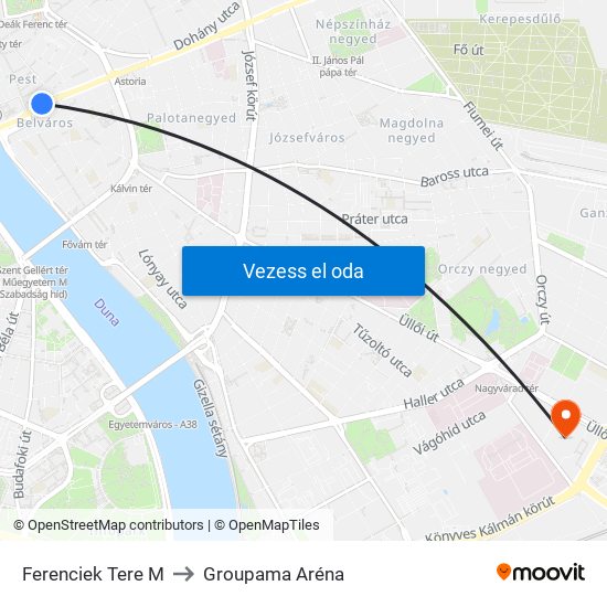 Ferenciek Tere M to Groupama Aréna map