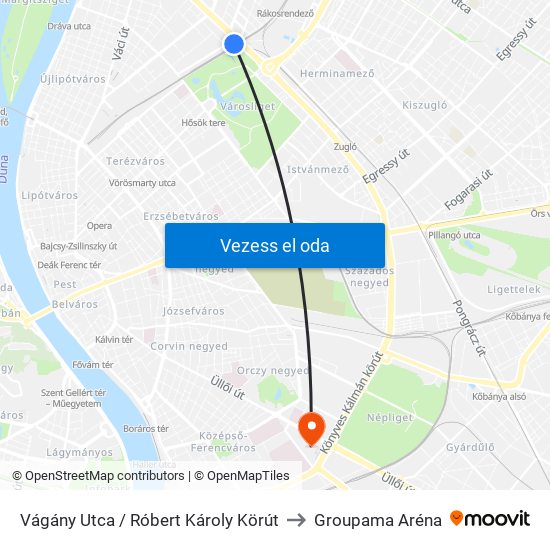 Vágány Utca / Róbert Károly Körút to Groupama Aréna map