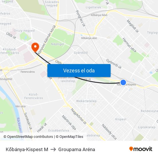 Kőbánya-Kispest M to Groupama Aréna map