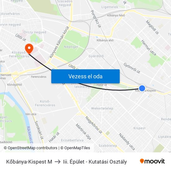 Kőbánya-Kispest M to Iii. Épület - Kutatási Osztály map