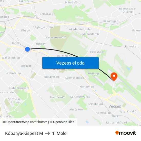 Kőbánya-Kispest M to 1. Móló map