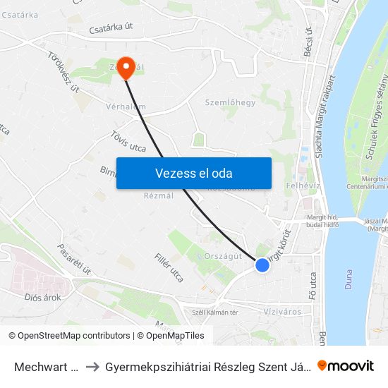 Mechwart Liget to Gyermekpszihiátriai Részleg Szent János Kórház map