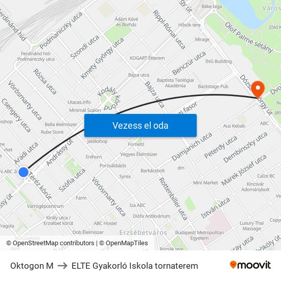 Oktogon M to ELTE Gyakorló Iskola tornaterem map