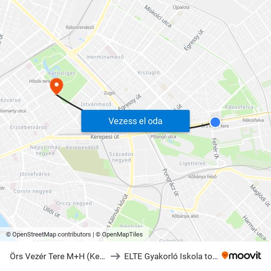 Örs Vezér Tere M+H (Kerepesi Út) to ELTE Gyakorló Iskola tornaterem map