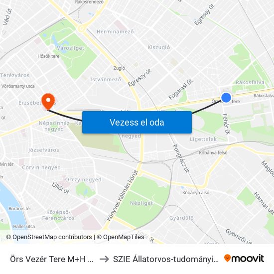 Örs Vezér Tere M+H (Kerepesi Út) to SZIE Állatorvos-tudományi Kar tornaterem map