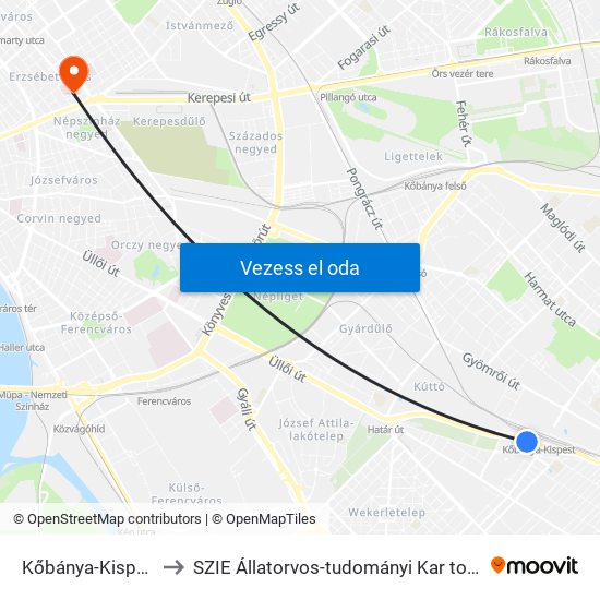 Kőbánya-Kispest M to SZIE Állatorvos-tudományi Kar tornaterem map