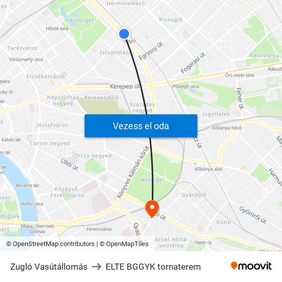 Zugló Vasútállomás to ELTE BGGYK tornaterem map