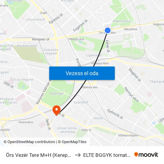 Örs Vezér Tere M+H (Kerepesi Út) to ELTE BGGYK tornaterem map