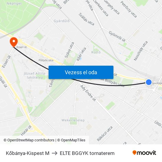 Kőbánya-Kispest M to ELTE BGGYK tornaterem map