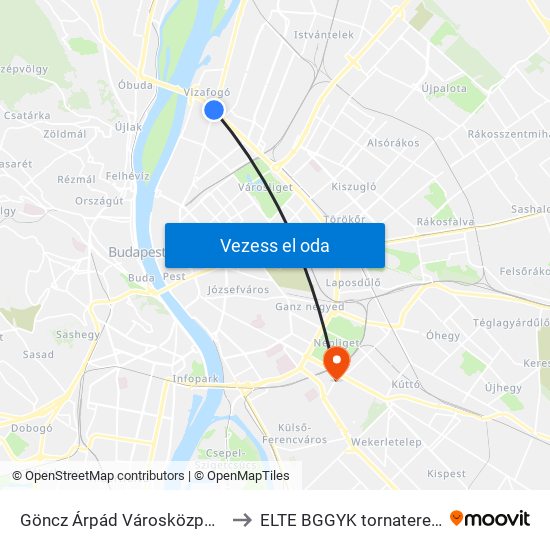 Göncz Árpád Városközpont to ELTE BGGYK tornaterem map