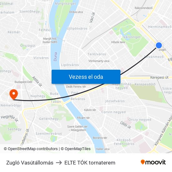 Zugló Vasútállomás to ELTE TÓK tornaterem map