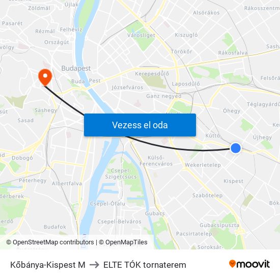 Kőbánya-Kispest M to ELTE TÓK tornaterem map