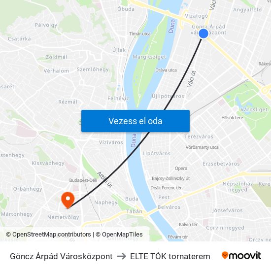 Göncz Árpád Városközpont to ELTE TÓK tornaterem map